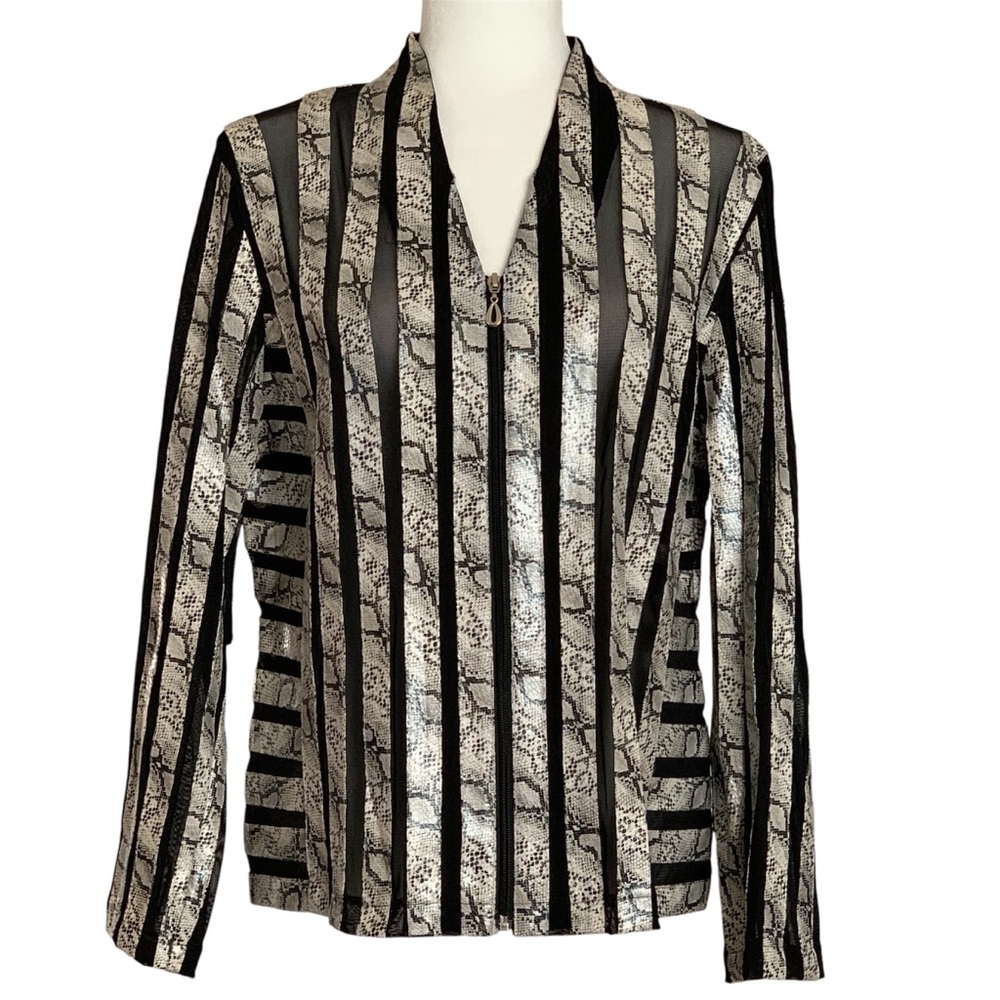 T & W Designs Faux Snakeskin and Black Mesh Striped V-Neck Jacket, Women’s Large
